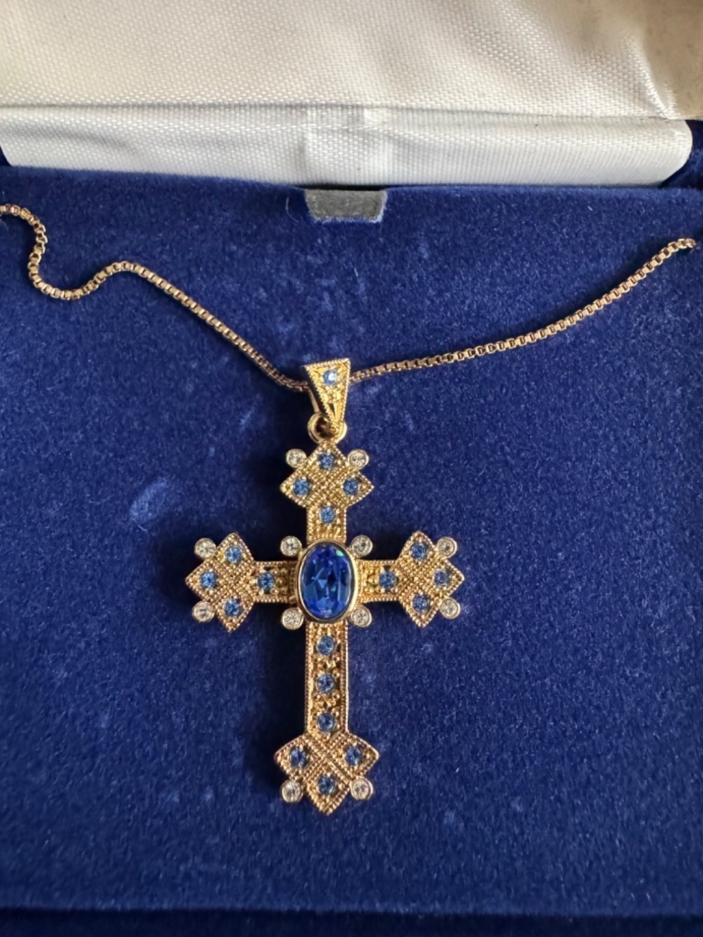 Camrose & Kross Gold Tone Cross Pendant Necklace Blue Crystal NIB COA